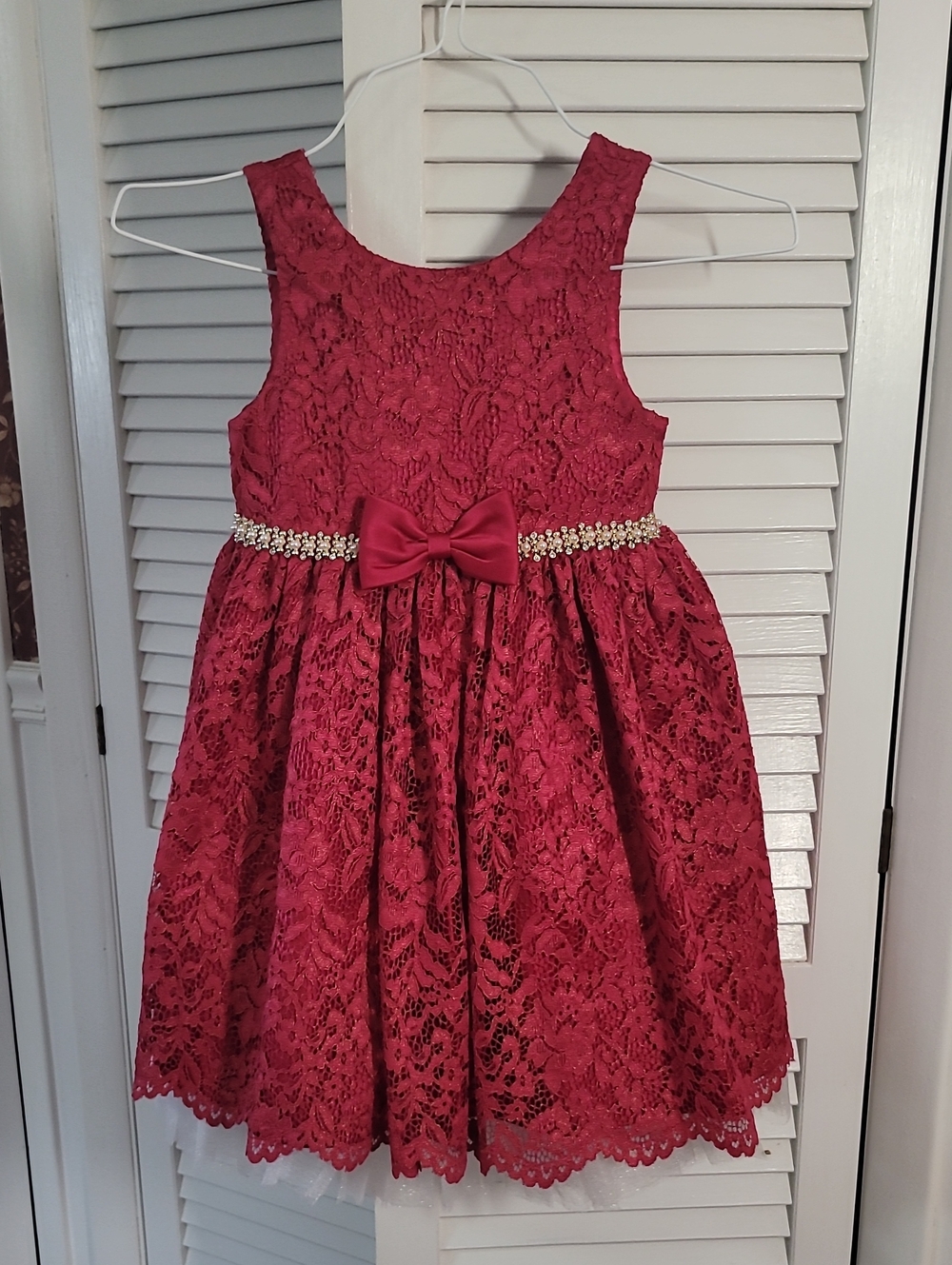 American Princess Burgundy Lace Dress with Bow and Rhinestone Belt
